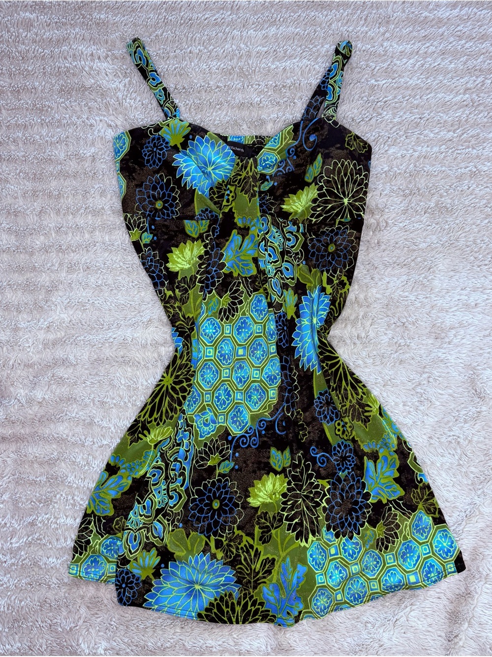 Vintage Boho Y2K Floral Print Spaghetti Strap Dress in Blue & Green